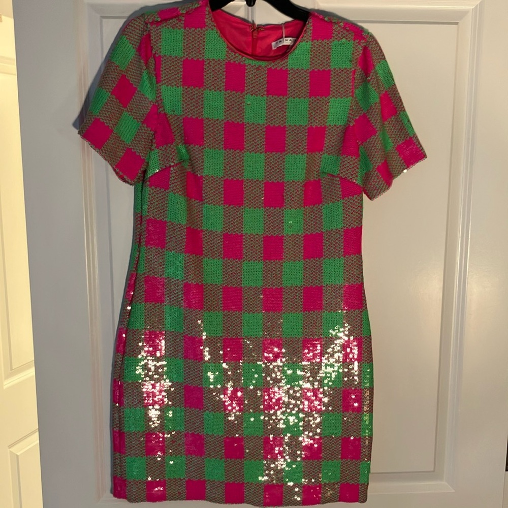 NWT Trina Turk Pink and Green Sequin Embellished Mini Dress